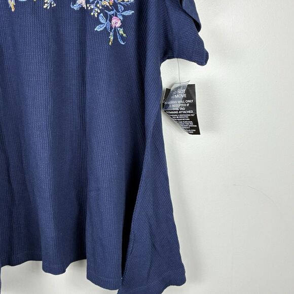 Woman Within 3X Plus Floral Embroidered Waffle Knit Top Blue Short Sleeve NWT - Picture 4 of 7